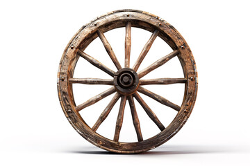 Vintage wooden cart wheel isolated on white background