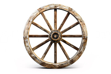 Antique wooden cart wheel isolated on white background