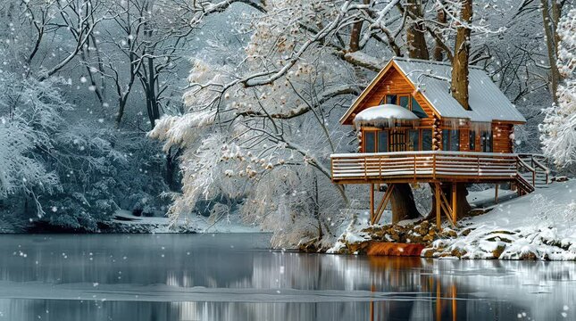 House and tree by a river in a snowy winter landscape, featuring a picturesque and serene scene with the snow-covered house and tree Seamless looping 4k time-lapse virtual video animation Generated AI