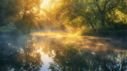A serene and peaceful scene of a river with trees