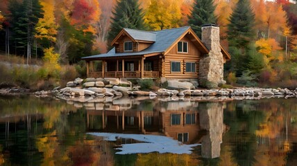 Obraz premium Log cabin by the lake in the woods water reflections