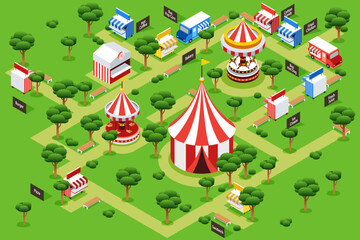 Isometric Amusement Park Carnival Fair Vector Illustration