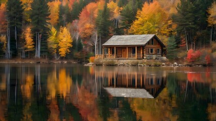Obraz premium Log cabin by the lake in the woods water reflections