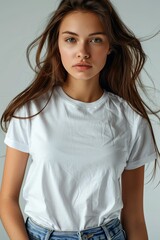 Fototapeta premium White tshirt mockup on woman model created with Generative AI