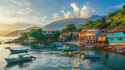 Naklejka premium A small town with a lot of boats in the water