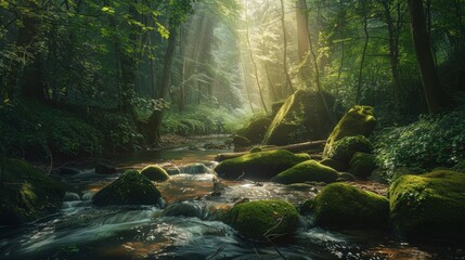 A stream of water flows through a forest with moss growing on the rocks