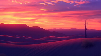 A desert landscape with a cactus in the foreground