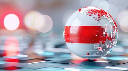 Digital globe with red data lines on a futuristic background, representing global technology and network connection.