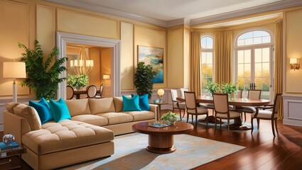 Fototapeta premium Luxurious Living Room Interior: A spacious and stylish living room, featuring a comfortable sectional sofa, a coffee table, and a dining table. The room is bathed in natural light, creating a warm an