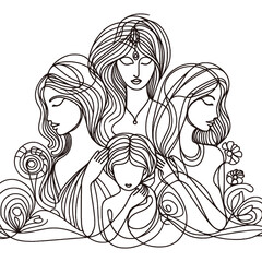 Continuous line drawing of a woman, face merged with trees, maintaining a modern aesthetic.