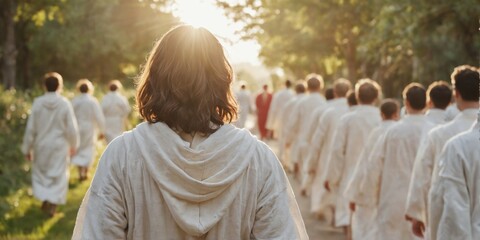 Fototapeta premium group people walking line all wearing white robes