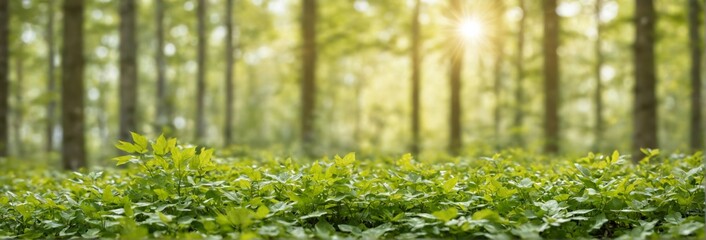 Fototapeta premium close-up forest floor covered green leaves leaves are