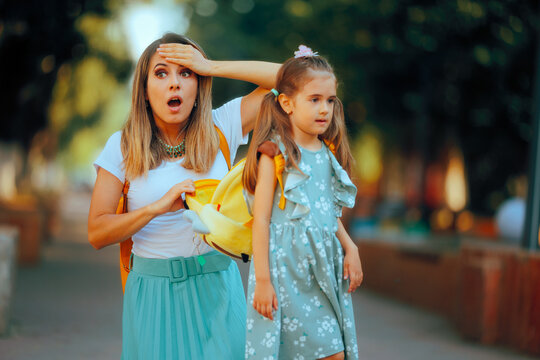 Mother Forgetting to Pack School Lunch for her Daughter. Mom having a revelation of her daughter losing her homework project
