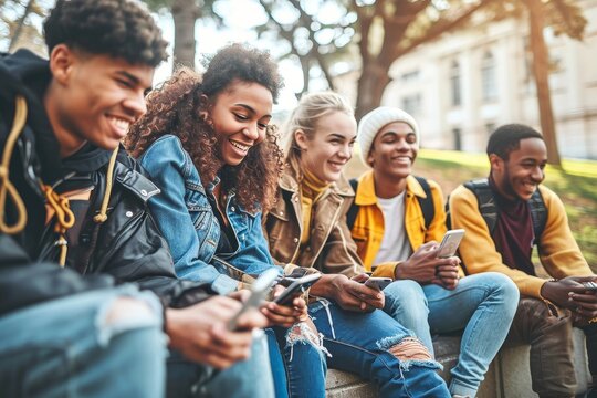 Group of multiracial students having fun sitting in college campus together - Happy teenagers using smart mobile phone outside - Millenial people laughing oudoors - Scholarship, Generative AI - Powered by Adobe
