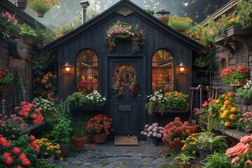 A Quaint Cottage Adorned With Vibrant Flowers in a Lush Garden