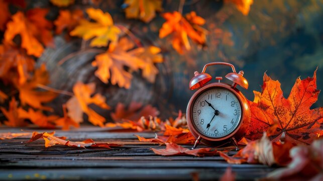 Daylight Saving Time. Alarm clock and orange color leaves on wooden table. Autumn time. Fall time change. Autumn leaves fall and winter approaches, the concept of daylight saving time. 