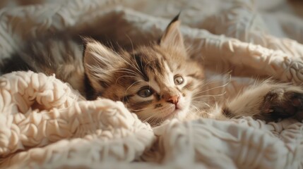 Tender Beginnings: Closeup of a Fluffy Kitten with Eyes Just Opening, Nestled on a Soft Blanket