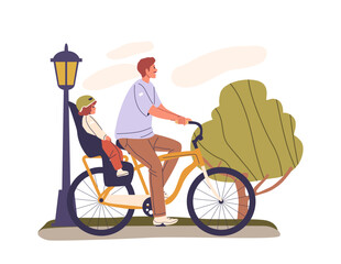 Father And Child Riding A Bicycle Together In A Park. Dad Is Cycling While Kid Sits In A Bike Seat, Sharing Quality Time