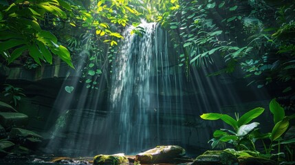 Fototapeta premium Tropical waterfall oasis with dappled sunlight through leaves, adventure photography, with copy space