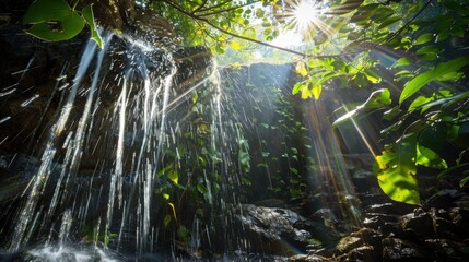 Obraz premium Tropical waterfall oasis with dappled sunlight through leaves, adventure photography, with copy space