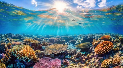 Fototapeta premium Vibrant coral reef snorkeling, underwater photography, with copy space