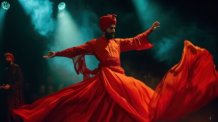 A Dervish performing a traditional whirling dance on a stage with a red robe and a turban.
