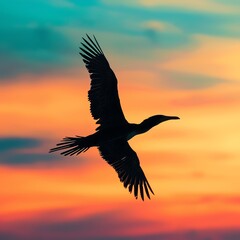 full body bird gliding against sunset sky, vibrant hues, close up, focus on, copy space, Double exposure silhouette with horizon