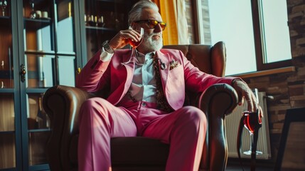 A mature man in a pink suit sits in a leather armchair, enjoying a glass of wine. He has a relaxed, elegant style.