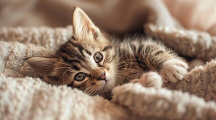 Tender Beginnings: Closeup of a Fluffy Kitten with Eyes Just Opening, Nestled on a Soft Blanket