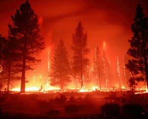 A raging wildfire burns through a forest at night, casting an eerie red glow on the trees and landscape. AI.