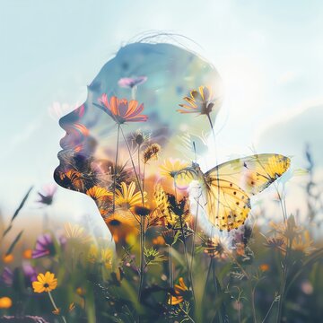 full body butterfly among wildflowers, vivid field, close up, focus on, copy space, Double exposure silhouette with meadow flowers