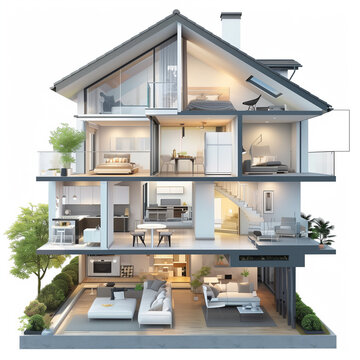 Modern home cross section, 3d rendering