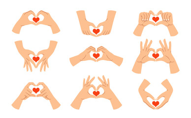 Various Hand Gestures Forming Heart Shapes With Red Hearts Inside. Vector Illustration Depicts Love, Care, And Affection