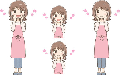 Woman Wearing a Pink Apron, Smiling with Her Hand on Her Cheek