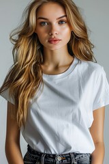 Fototapeta premium White tshirt mockup on woman model created with Generative AI