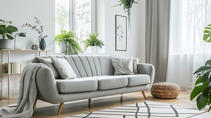 Fototapeta premium A cozy living room with a gray sofa, pillows, and a throw blanket. The room is decorated with plants and a rug.