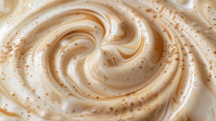 Swirling coffee cream lit with natural window light, with copy space