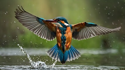 Obraz premium Vibrant Kingfisher Flying Over Serene Waters, Wildlife Animal Photo Background
