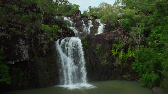 Cedar Creek Falls Waterfalls aerial drone Australia Whitsundays Airlie Beach Proserpine Palm Grove QLD Queensland Rainy wet season spring summer autumn winter sunny cloudy backwards pan up motion