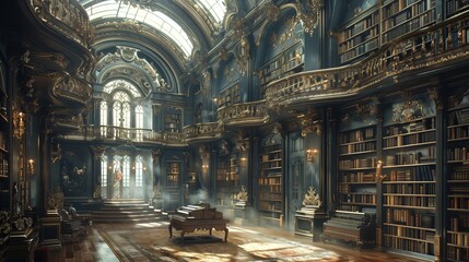 Obraz premium A Grand Ornate Library With Bookshelves and a Piano