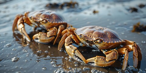 Crabs Scuttling Along the Coastal Beach with Detailed Textures in Warm Tones