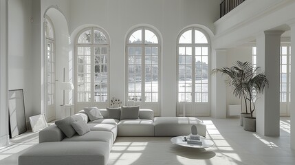 Fototapeta premium A spacious and bright living room with a large sectional sofa, a coffee table, and a potted plant. Sunlight streams through the arched windows.
