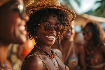 Happy group of friends having fun at pool party - Friendship concept with young people laughing together on vacation - Focus on black woman, Generative AI