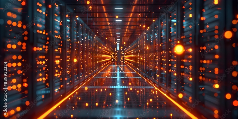 Poster rows of secure and high tech data center servers with glowing network indicators