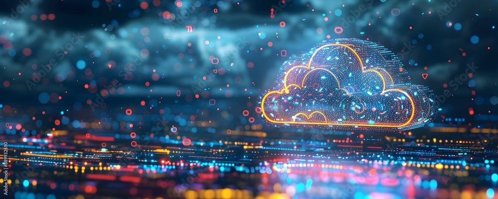 Poster bright and futuristic digital cloud with floating icons for modern computing concepts