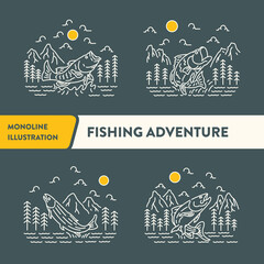 Fisherman Fishing Adventure Monoline Vector Illustration