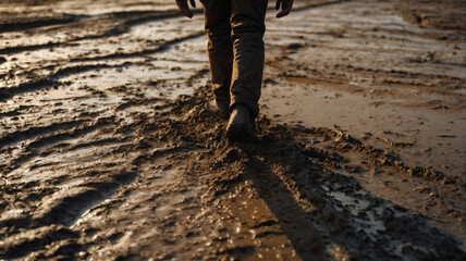 man walking on a mud road