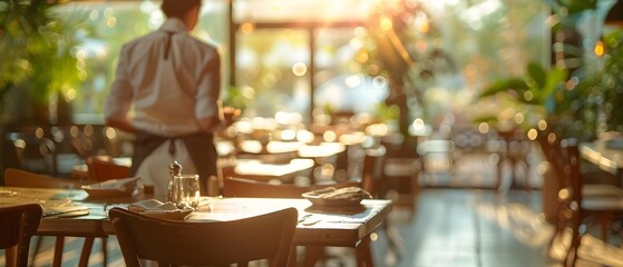 Blurred view of worker cleaning tables at restaurant with copy space - Powered by Adobe