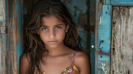 Fototapeta premium Portrait of a Young Girl with Intense Expression Standing Near Weathered Wooden Door