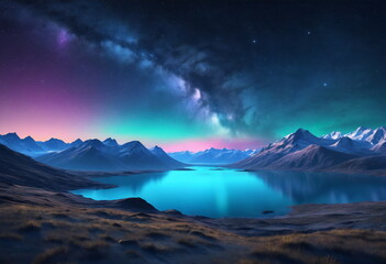 Naklejka premium A magical night scene featuring the enchanting northern lights in blue and purple hues, illuminating the sky above a mountainous landscape. The serene lake below mirrors the glowing aurora and sky
